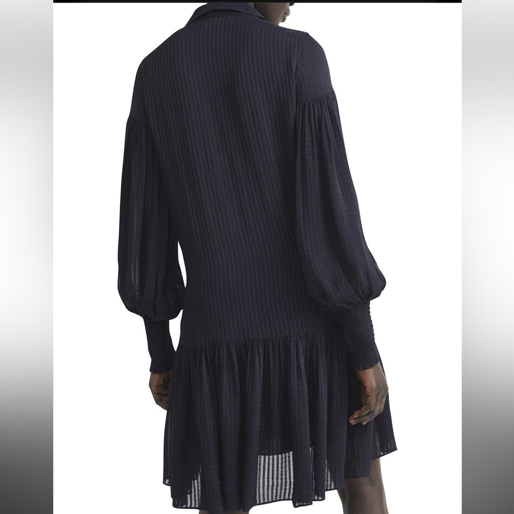 WITCHERY Stripe Pintuck Dress Navy Drop Shoulder, Waist Dress Button Front Sz 8 - Picture 2 of 15
